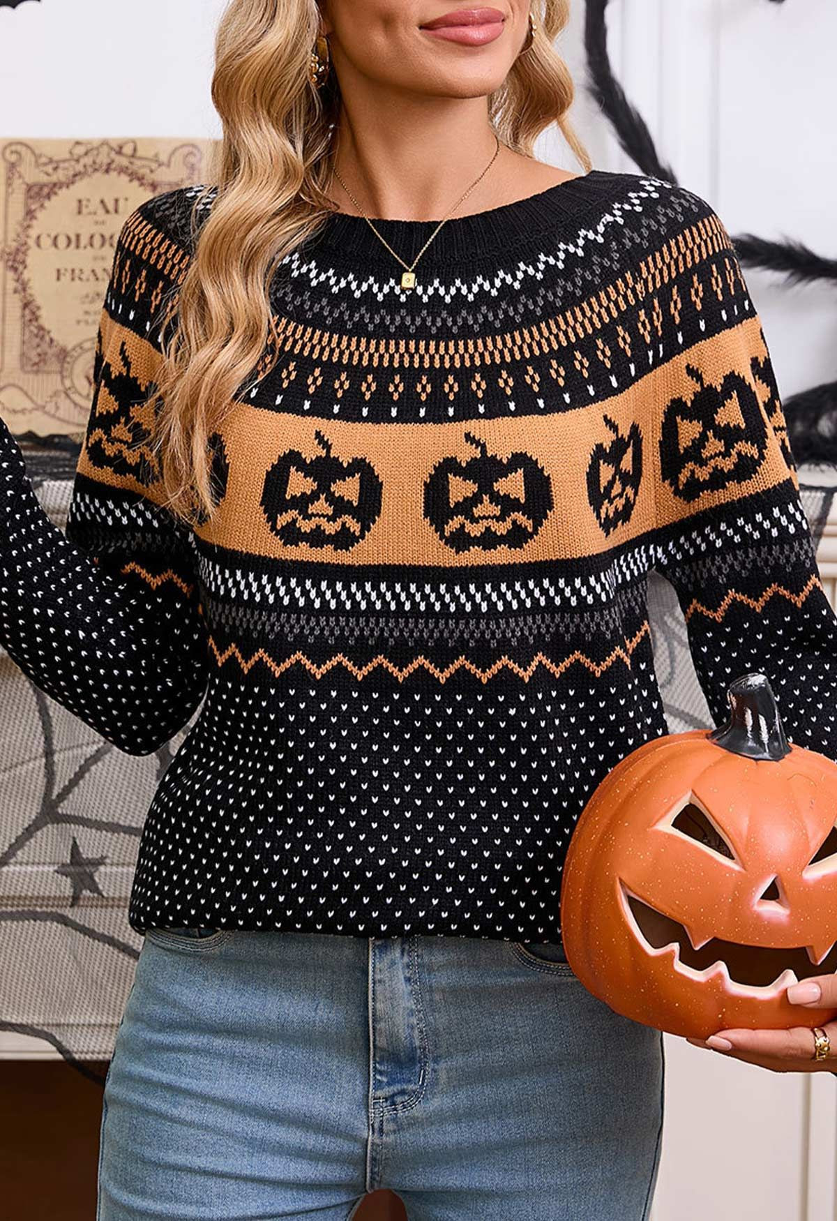 Jack-O'-Lantern Fair Isle Knit Sweater in Black | Chicwish
