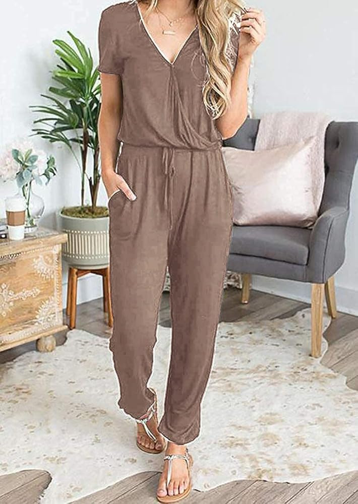 PRETTYGARDEN Women's Summer Casual Deep V Neck Short Sleeve Wrap Drawstring Waist Jumpsuit Romper | Amazon (US)