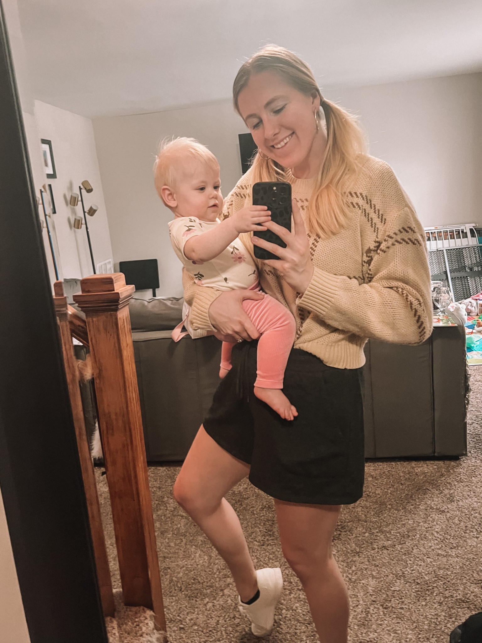 Who took this selfie, me or her??😂 She makes me so happy…my lil mini-me for life💕 These were our going-to-the-indoor-pool outfits on a 60 degree day☀️ 

Sweater: L
Shorts: XL (larger bc I bought during pregnancy!)

#LTKfamily #LTKfindsunder50 #LTKbaby