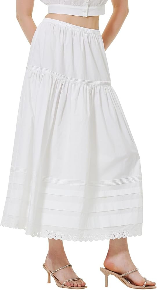 BEAUTELICATE Women's Long White Cotton A-Line Lace Trim Pintuck Tier Skirt | Amazon (US)