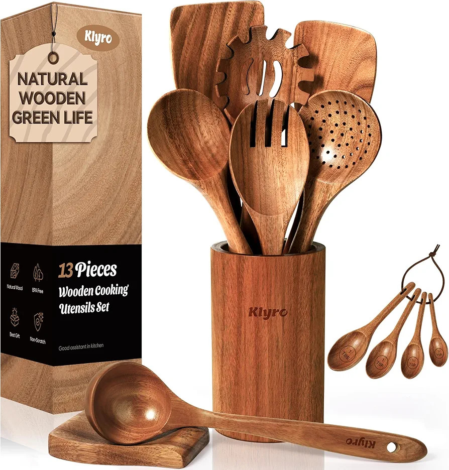 Wooden Spoons for Cooking, Nonstick Kitchen Utensils Set with 4 Piece Measuring Spoons, Comfort G... | Amazon (US)