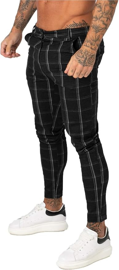 GINGTTO Mens Chinos Slim Fit Stretch Flat-Front Skinny Dress Pants Grey Plaid | Amazon (US)