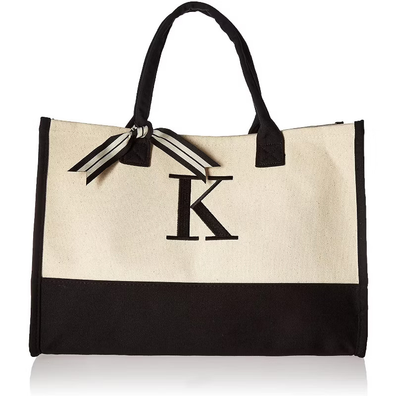 Mud Pie Classic Canvas Initial Tote Bags , 100% Cotton, 17" x 19" x 2", Black and White | Target