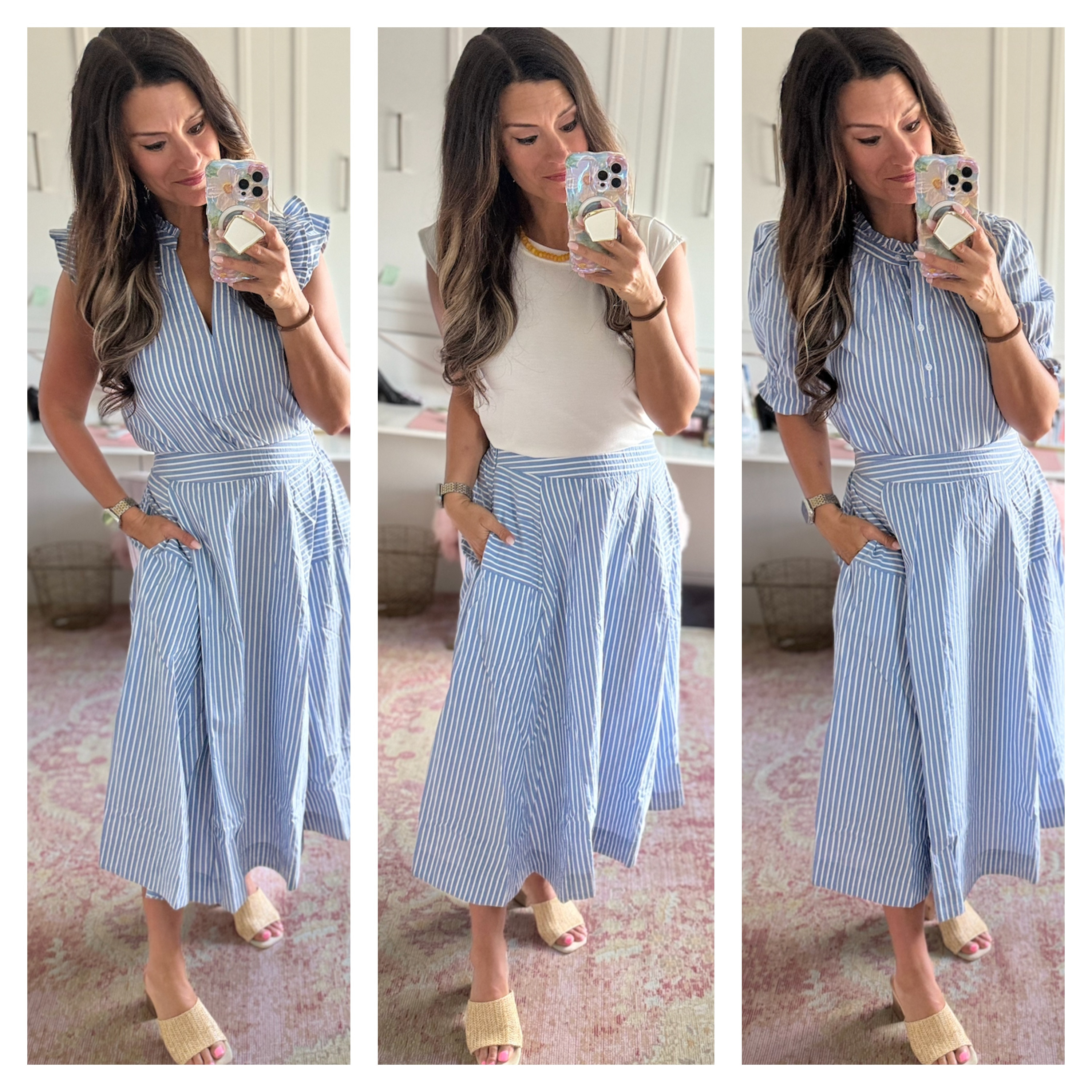 Three ways to style a blue striped skirt 

 