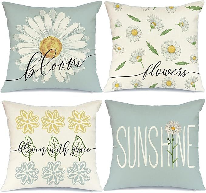 Spring Summer Pillow Covers 18x18 Set of 4 Farmhouse Summer Spring Decor Daisy Bloom Floral Blue ... | Amazon (US)