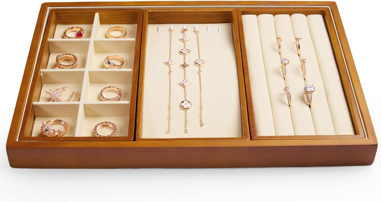 Woodten Solid Wood 4 in 1 Stackable Jewelry Organizer Trays Jewelry Rings Necklace Earrings Displ... | Amazon (US)