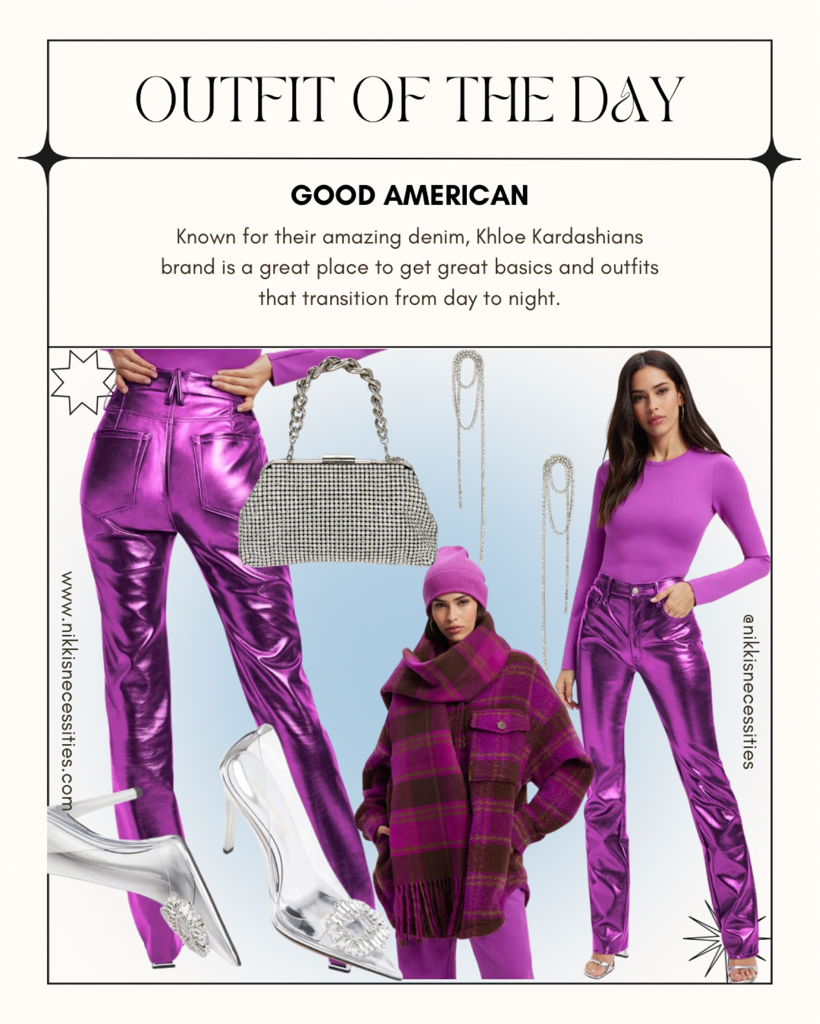 Good American 
Outfit ideas 
Purple outfit 
Monochrome outfit 
Denim brands 
Metallic jeans 
Bodysuit 
Plaid 
Clear heel pumps 
Crystal bag 
Holiday outfits 
Fall outfit I ski 
Plaid scarf 
Silver earrings 
Long learnings 

#LTKstyletip #LTKHoliday #LTKSeasonal