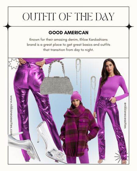 Good American 
Outfit ideas 
Purple outfit 
Monochrome outfit 
Denim brands 
Metallic jeans 
Bodysuit 
Plaid 
Clear heel pumps 
Crystal bag 
Holiday outfits 
Fall outfit I ski 
Plaid scarf 
Silver earrings 
Long learnings 

#LTKstyletip #LTKHoliday #LTKSeasonal