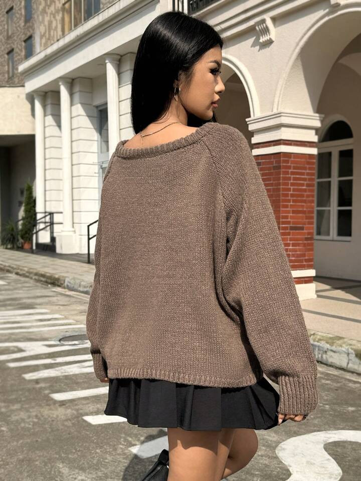 SHEIN EZwear Solid Khaki Raglan Sleeve Sweater | SHEIN