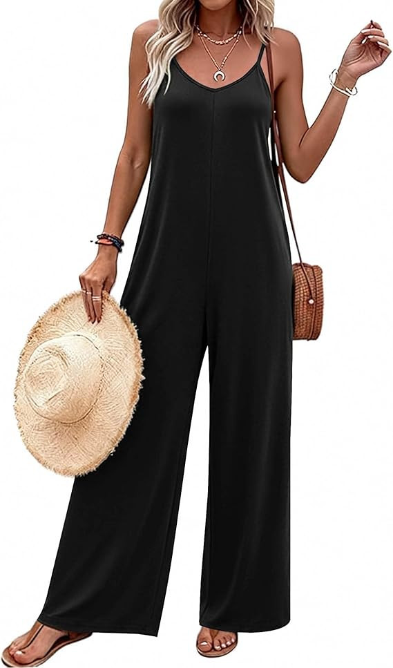 Ekouaer Women Jumpsuits Casual Boho Overalls Sleeveless Spaghetti Strap Long Pants Romper with Po... | Amazon (US)