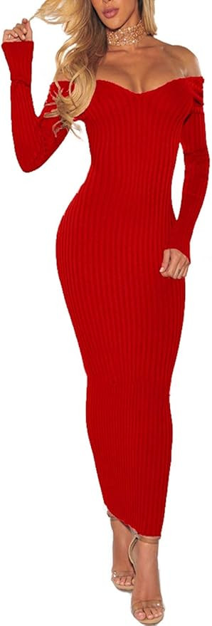 SheKiss Women's Off Shoulder Long Sleeves Bodycon Sweater Dress Sexy Knit Slim Cardigans | Amazon (US)