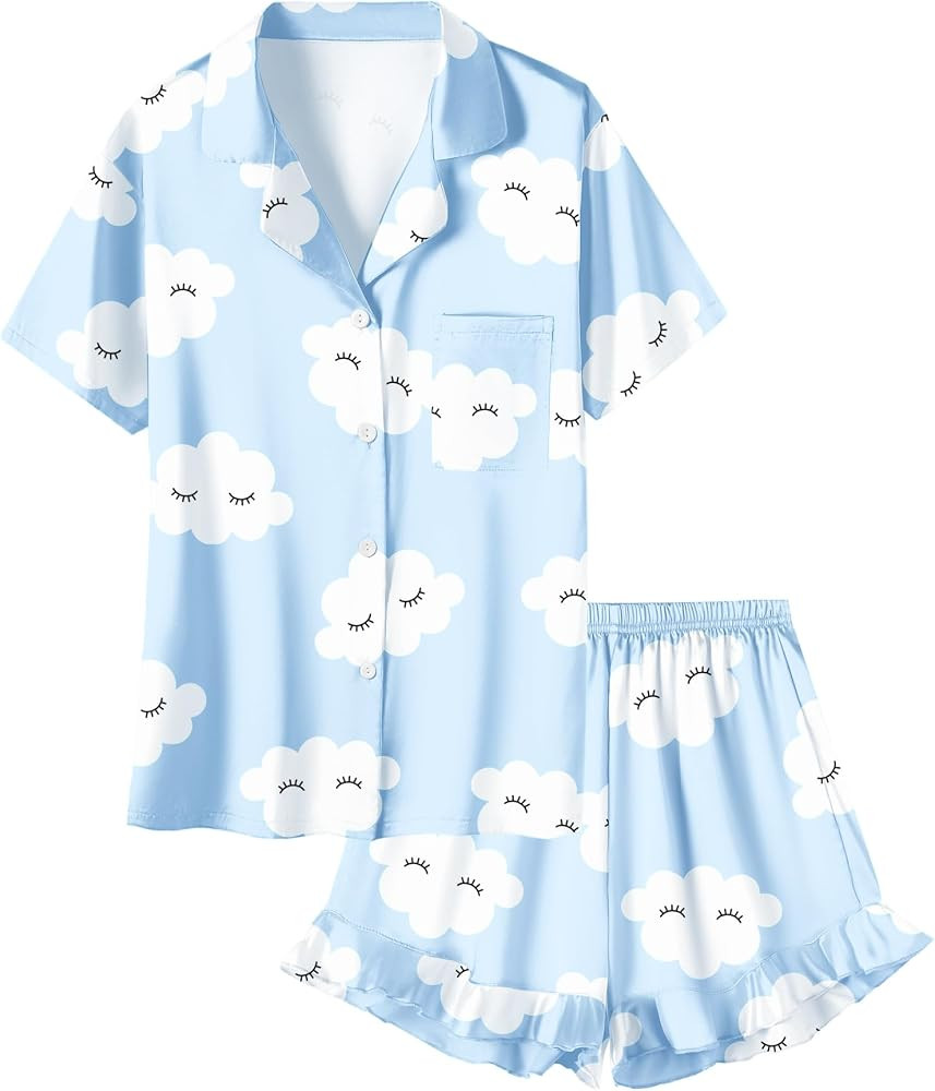 Umeyda Girls & Women Satin Pajamas Set Button Down 2 Piece Silk Pjs Shorts Set Ruffle Sleepwear, ... | Amazon (US)