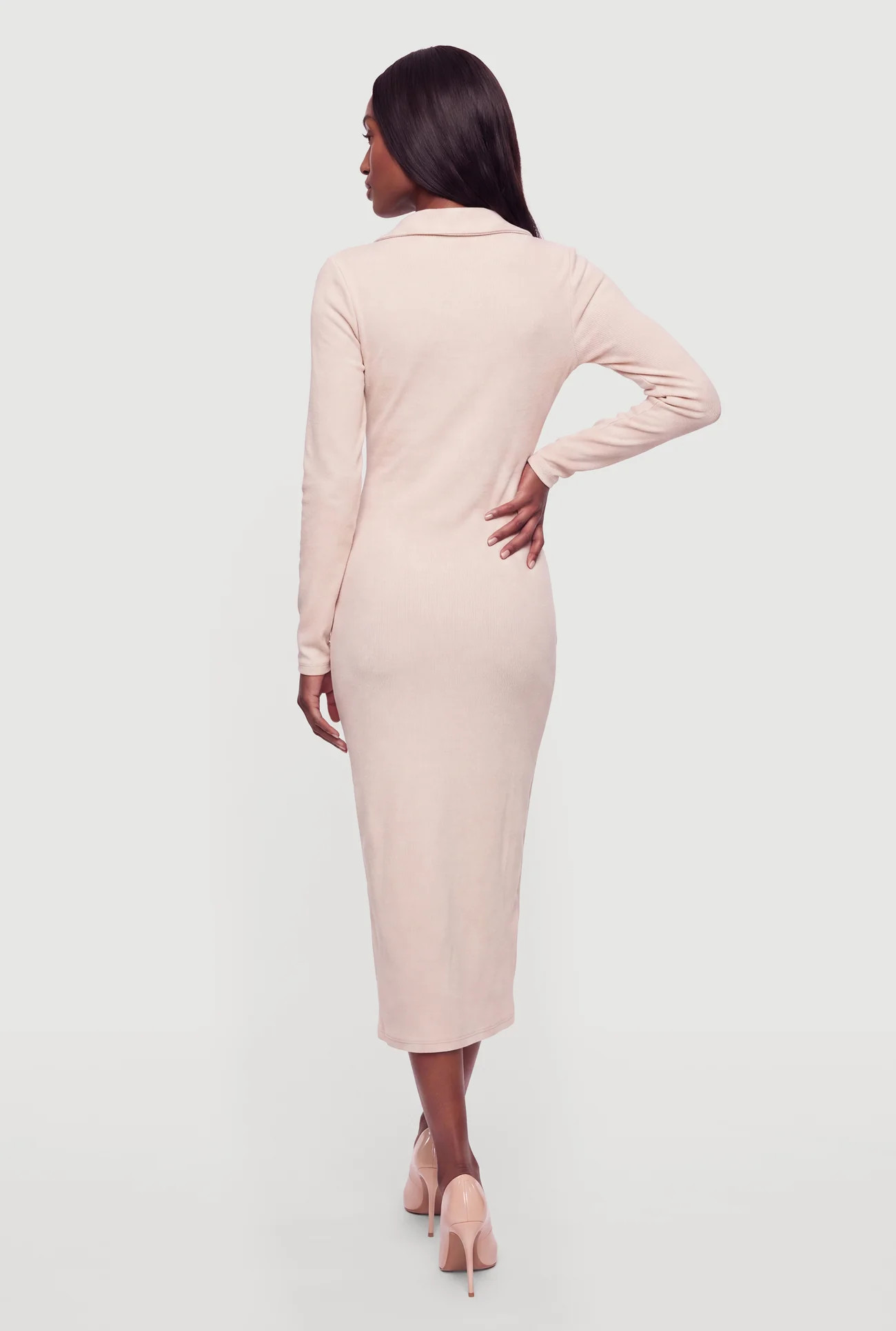 Rib Knit Long Sleeve Johnny Collar Midi Dress | Rainbow Shops