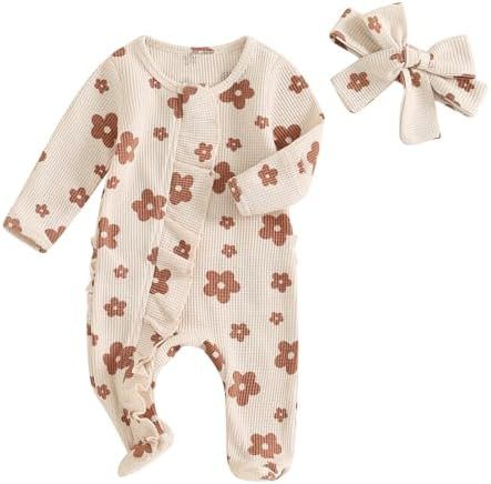 Newborn Baby Girl Fall Winter Outfits Clothes Knit Jumpsuit Ruffle Romper Newborn Coming Home Out... | Amazon (US)