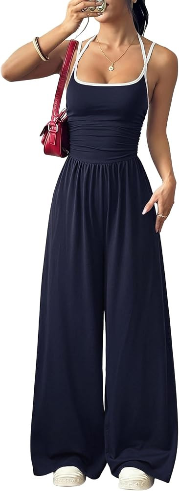 Floerns Women's Summer Jumpsuit Romper Spaghetti Strap Wide Leg Baggy Pants | Amazon (US)
