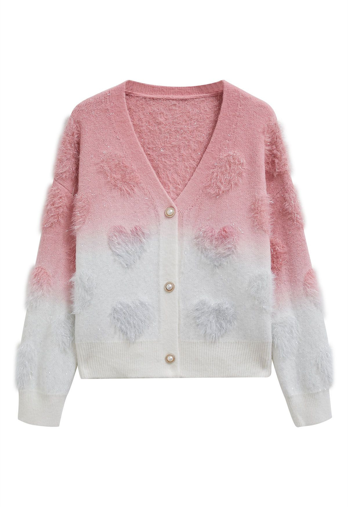 Ombre Fuzzy Heart Buttoned Knit Cardigan | Chicwish