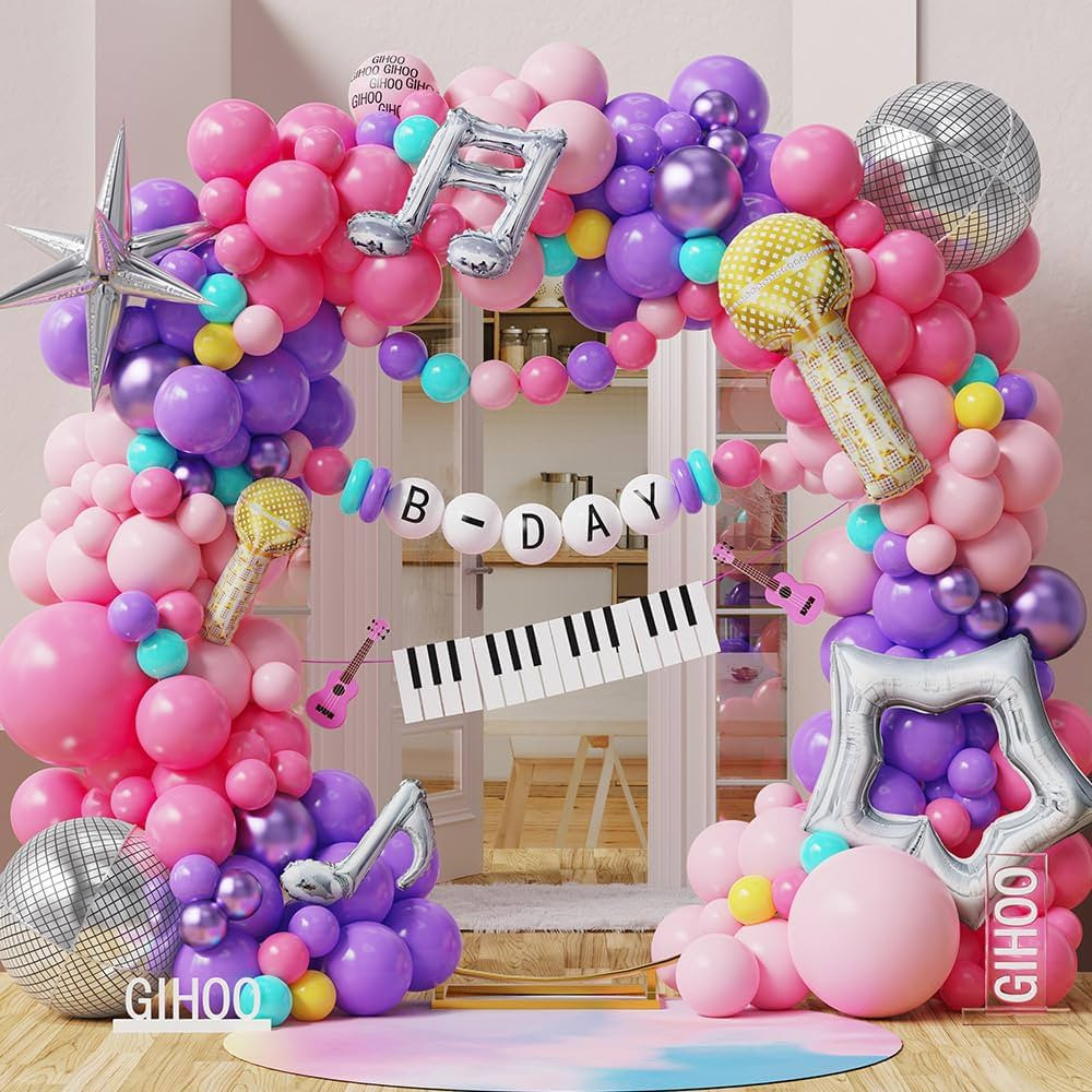 Songstar Birthday Decoration 155pcs Pink and Purple Balloon Arch Kit Hollow Star,Microphone, Disc... | Amazon (US)