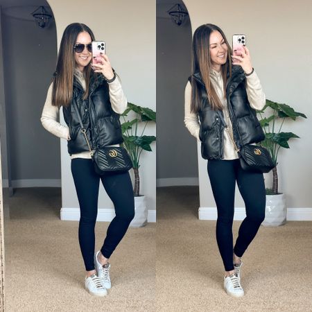 Amazon Faux leather black puffer vest size xs with a hooded slim fit sweater (on sale) in xs, Victoria Emerson BIGGEST SALE of the year!  brushed leggings xs , sports bra xs | everyday outfit | casual mom style | travel outfit | I linked an affordable version of my crossbody bag.

#LTKstyletip #LTKsalealert #LTKunder50
