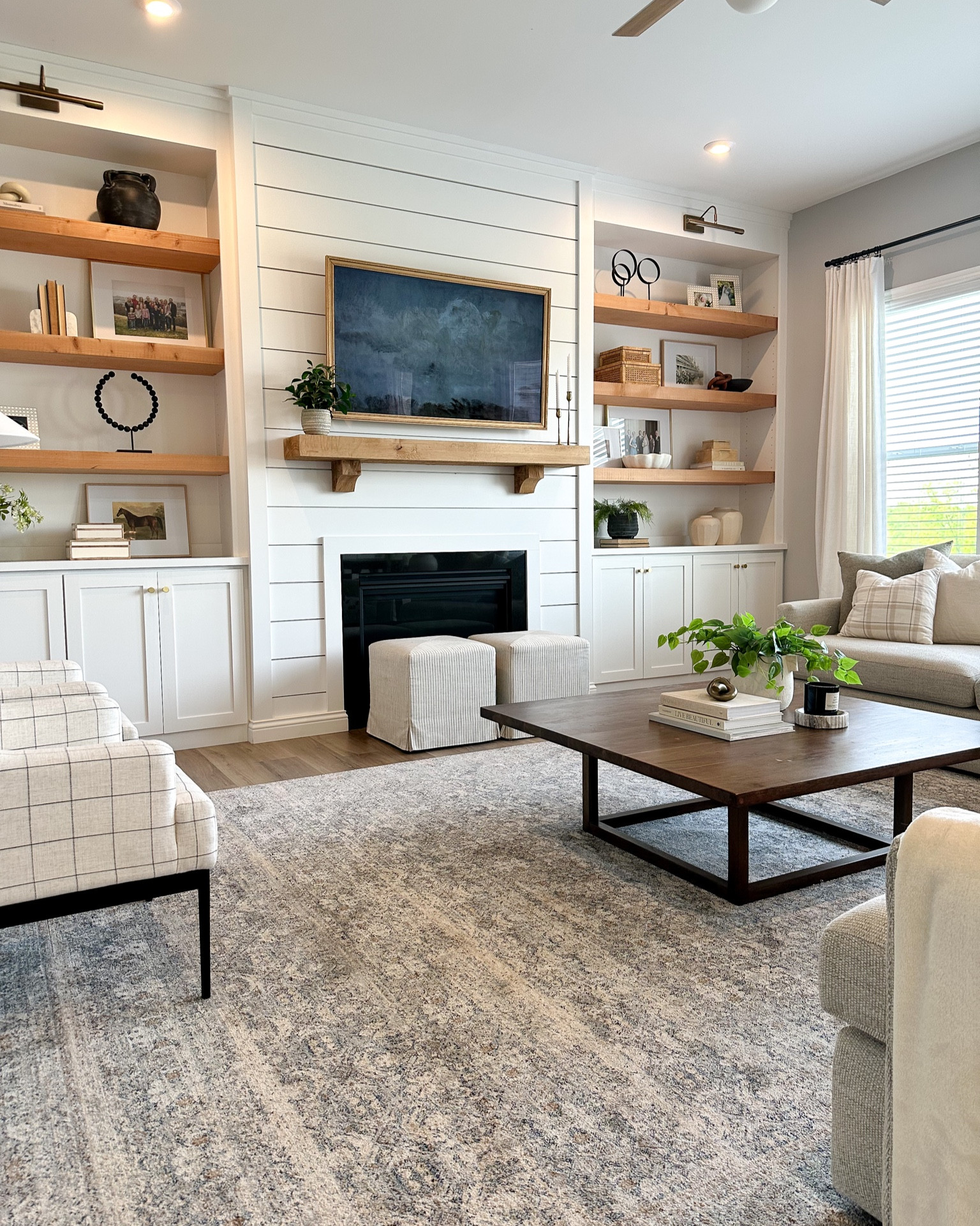 Palisades coffee table, accent chairs, Angela rose home rug, Blake rug, ottoman cube, built in shelving decor, coffee table decor 

#LTKhome