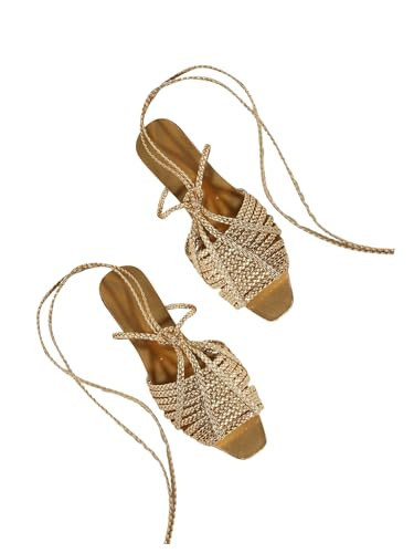 GORGLITTER Women's Summer Gold Flat Sandals 2025 Metallic Braided Lace Up Slide Strappy Square Open Toe Shoes Gold 8 | Amazon (US)
