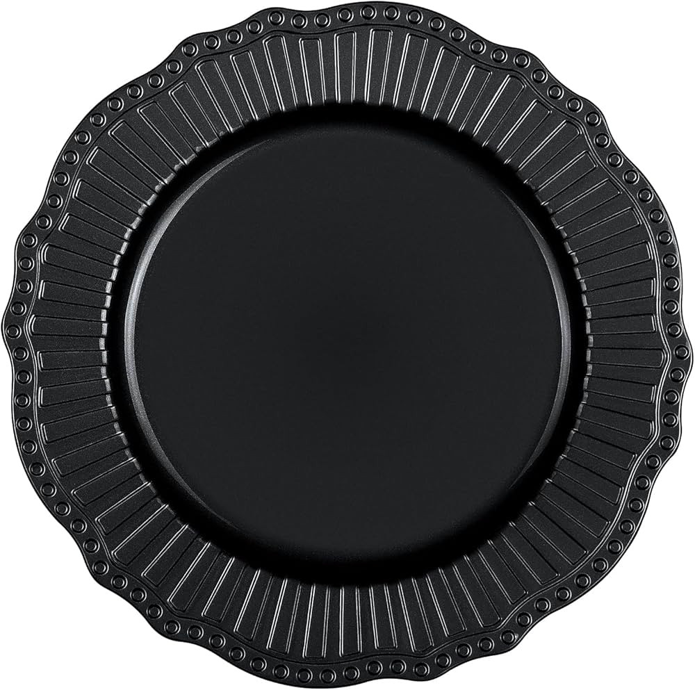 Black Charger Plates Set - 13” Vintage Plastic Dinnerware Set - Reusable Elegant Serving Plates... | Amazon (US)
