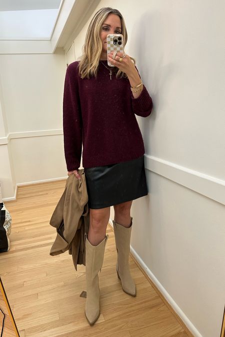 Church ootd! Brass cashmere sweater, Mia cowboy boots, Loft faux leather miniskirt, fall style 2023, workwear 

#LTKover40 #LTKworkwear #LTKfindsunder100