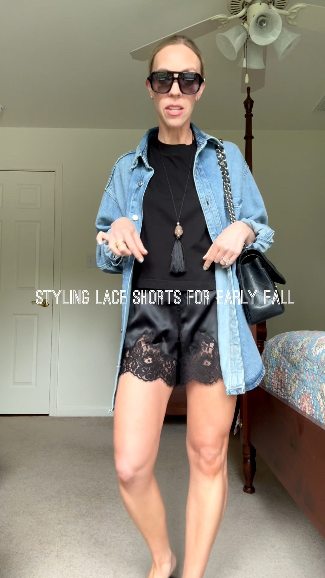 Styling lace shorts for late summer and early fall with cropped tee, oversized denim shirt, pendant necklace and leather thong sandals

#LTKOver40 #LTKSeasonal #LTKgrwm