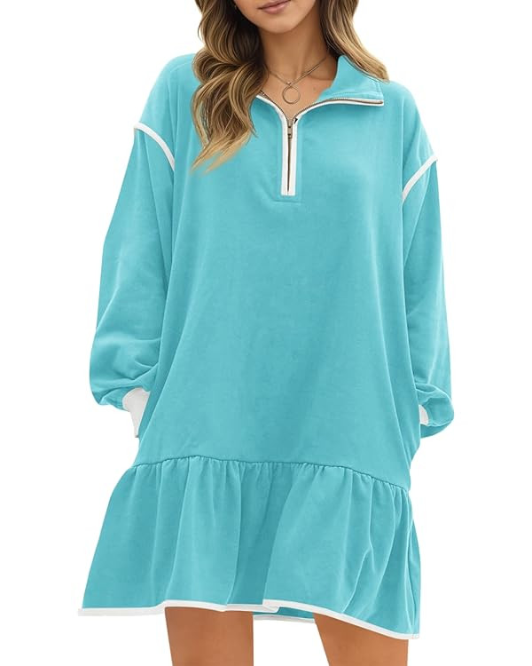 Wenrine Womens 2025 Fall Oversized Sweatshirt Dress Casual Long Sleeve Quarter Zip Ruffle Hem Pul... | Amazon (US)