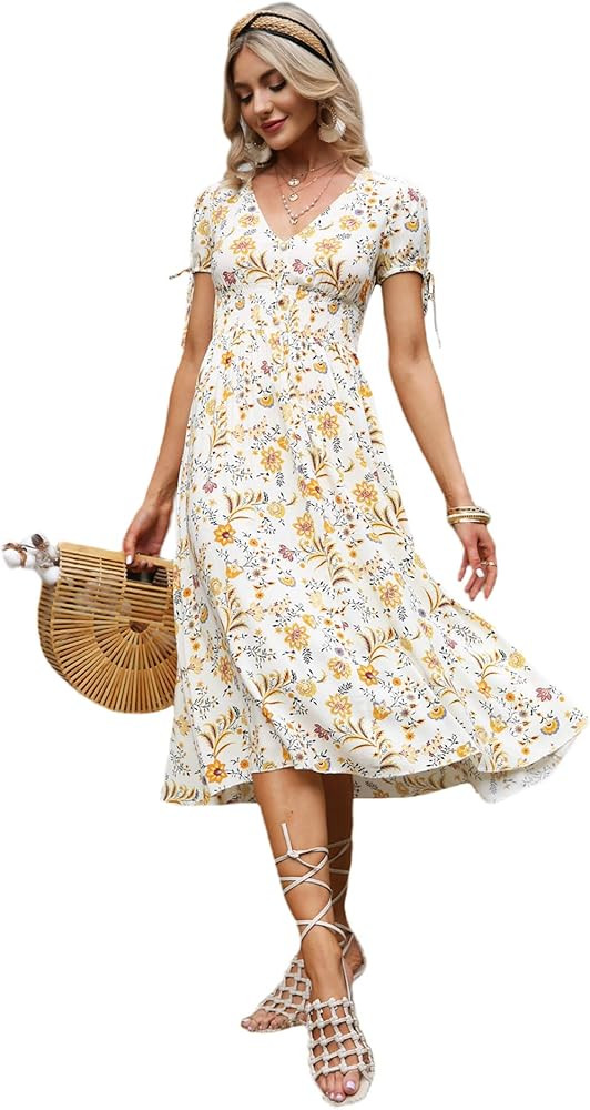 Narspeer Women's Beach Maxi Dress Summer Sleeveless Ruffle V Neck Midi Dress Floral Print Sexy Ba... | Amazon (US)