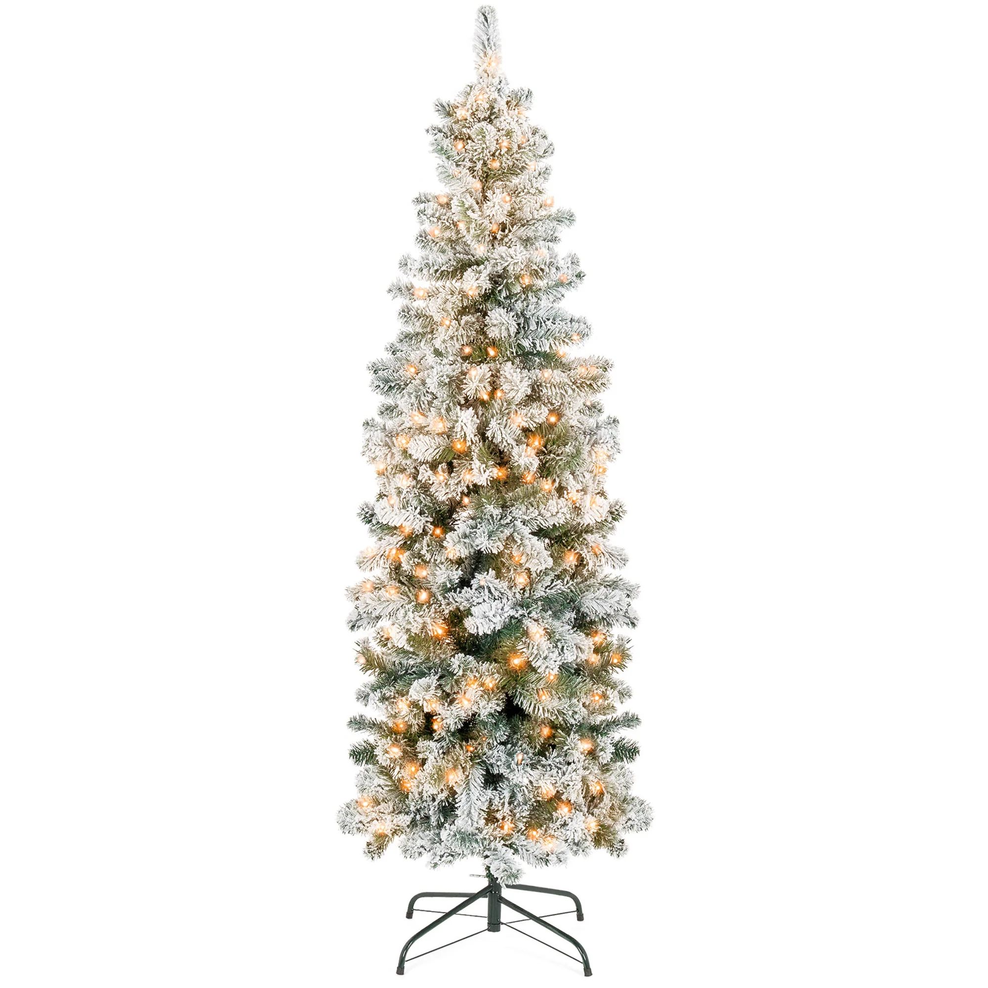 Pre-Lit Snow Flocked Artificial Pencil Christmas Tree | Best Choice Products | Best Choice Products 