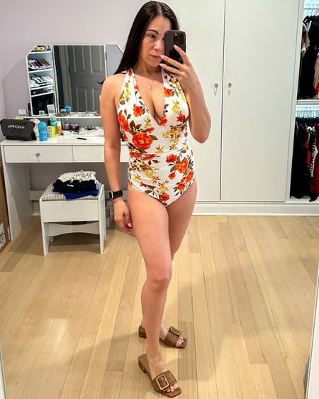 The first swimsuit I’ve tried on postpartum that I feel confident in! I love this one piece because the halter top gives you an adjustable amount of room up top. Wearing size Small I’mm currently 34DD bra size and 27 waist size. My sandals are on sale under $100. 

#LTKTravel #LTKSwim #LTKFindsUnder50