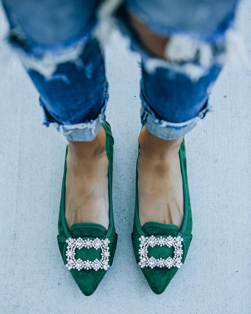 Vanderpump Embellished Faux Suede Flats - Emerald | VICI