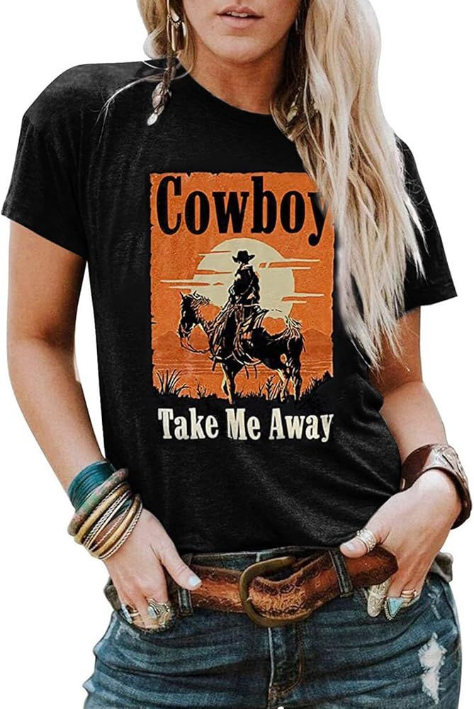 Cowboy Take Me Away Shirts for Women Western Vintage Graphic T-Shirt Casual Rodeo Tee Tops | Amazon (US)