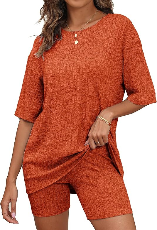 BEKOFO Women's Lounge Sets Pajamas Ribbed Knit Short Sleeve 2 Pieces Tshirt Bike Shorts Loungewea... | Amazon (US)