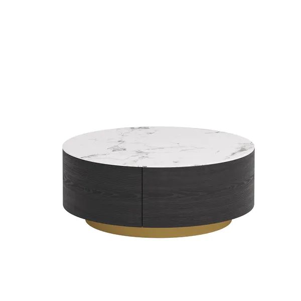 Modern Marble Top Round Coffee Table with Metal Base and 2 Drawers - Overstock - 36149232 | Bed Bath & Beyond