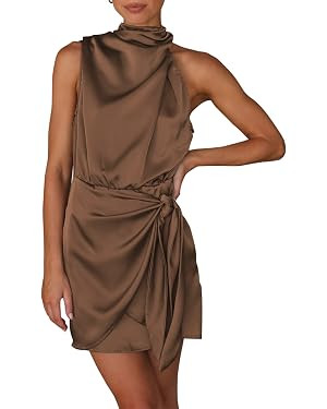 PRETTYGARDEN Women's Formal Short Satin Cocktail Dress | Sleeveless Mock Neck, Tie Waist, Asymmet... | Amazon (US)