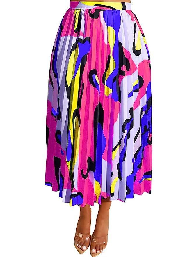 TOB Women's Sexy Summer High Waist Chiffon Printed Colorful Midi Skirt | Amazon (US)