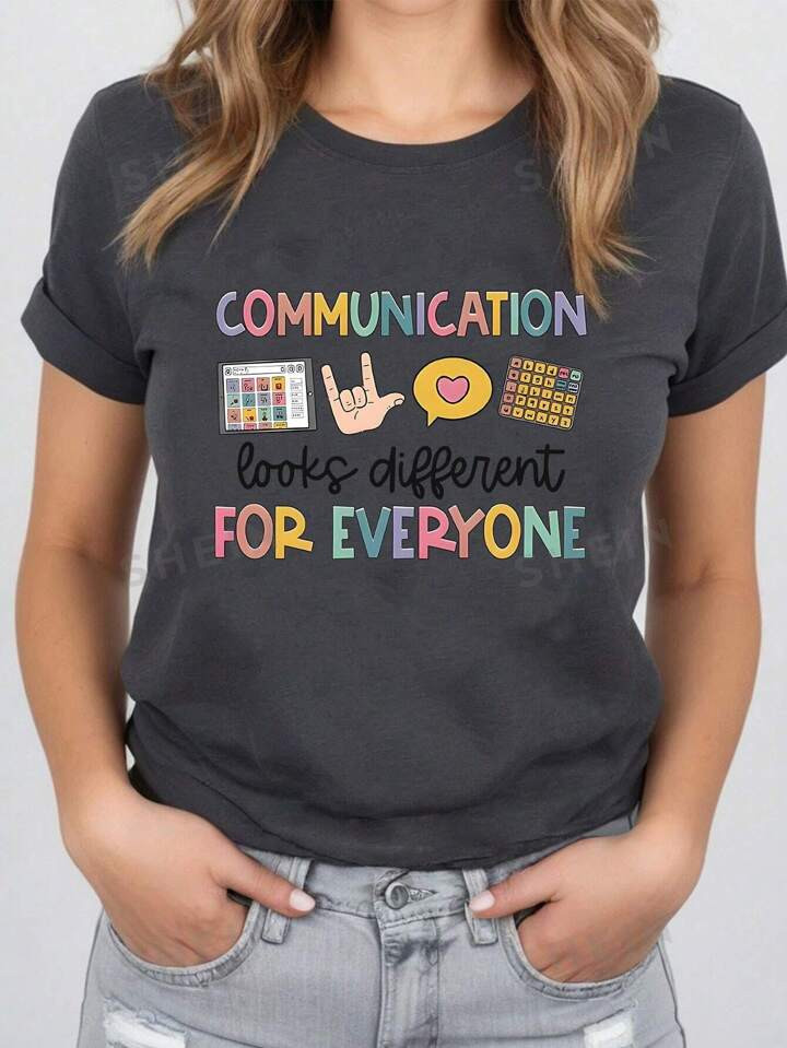 SHEIN LUNE Slogan & Hand Gestures Print Short Sleeve T-Shirt | SHEIN