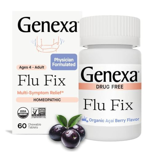 Genexa Flu Fix | Multi-Symptom Flu Remedy for Kids & Adults | Relieves Aches, Fever, Congestion | Acai Berry Flavor | Organic & Non-GMO | Homeopathic Remedy Made Clean | 60 Chewable Tablets, Ages 4+​ | Amazon (US)