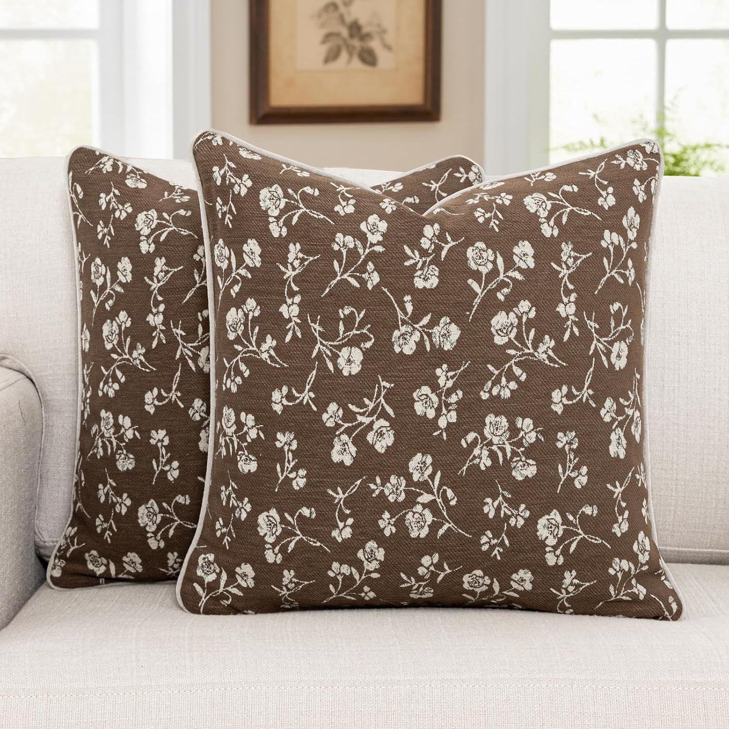 20x20 Chenille Jacquard Throw Pillow Cover, Taupe Gray Vintage Floral Cushion Case with Piped Edges, Decorative Large Accent for Sofa, Bed & Couch, 2 Pack | Amazon (US)