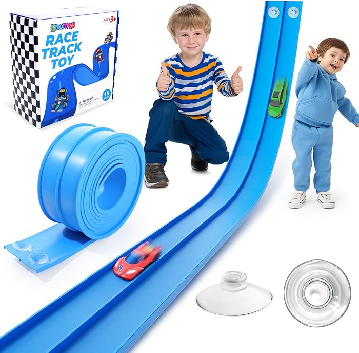 Flexible Race Track Toys for Kids: 15 Ft Flex Race Car Ramp Track with Suction Cups - Rolls Up Po... | Amazon (US)
