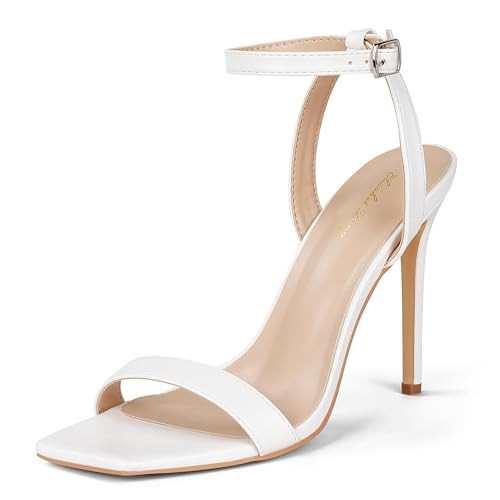 Elisabet Tang Women's Stiletto Heels Ankle Strap Open Square Toe Heeled Sandals Sexy Comfort Strappy Dress High Heel Shoes Lace Up Wedding Party Sandals Shoes White Size 7.5 | Amazon (US)