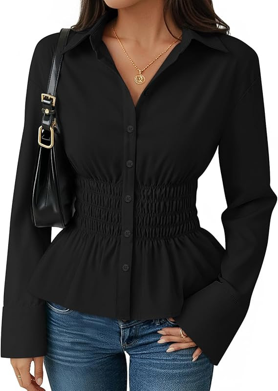 ZESICA Womens 2025 Fall Long Sleeve Blouse Business Dressy Casual Button Down Shirts Peplum Tops ... | Amazon (US)