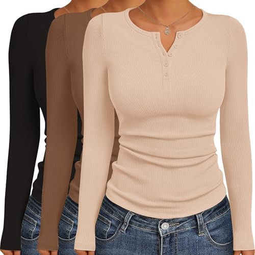 Ekouaer Women's Long Sleeve Shirts 3 Packs Henley Button Down Tops Ribbed Slim Fit Base Layer Sof... | Amazon (US)