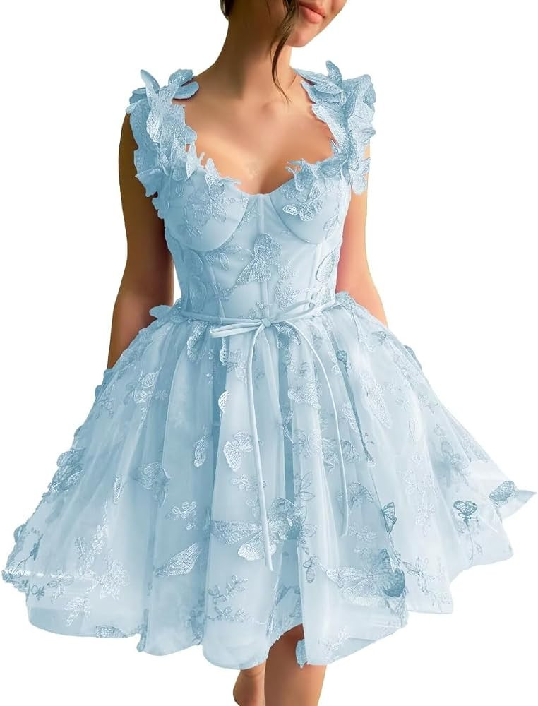 3D Butterfly Tulle Homecoming Dresses for Teens Butterflies Fairy Short Prom Dress Cocktail Gown | Amazon (US)