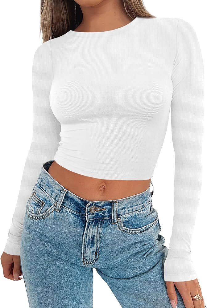 Tankaneo Women Crop Tops Long Sleeve Ribbed Slim Fit Workout Cropped Tee Y2K Short T-Shirts | Amazon (US)