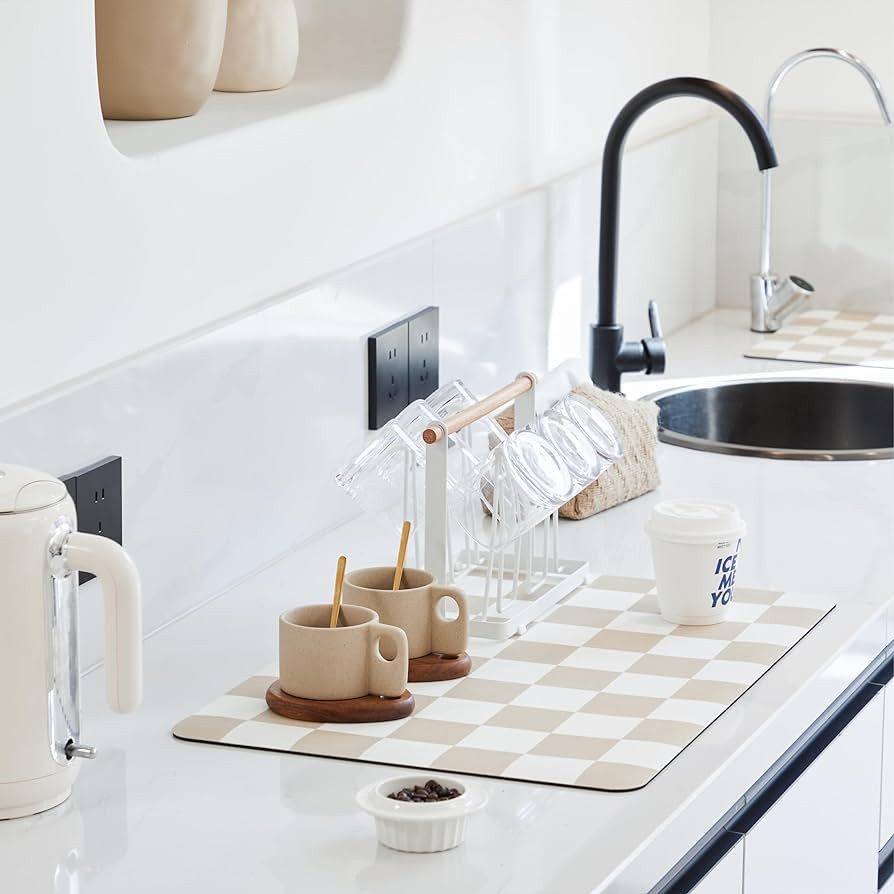 Checkered Dish Drying Mat for Kitchen Counter, Coffee Bar Station Accessories, Retro Cute Aesthet... | Amazon (US)