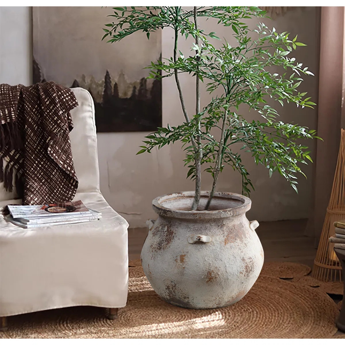 Perrinton Handmade Off White Rustic Cauldron MgO Pot Planter | Wayfair North America