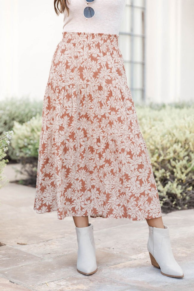 Tell Me You Need Me Brown Floral Midi Skirt | Pink Lily