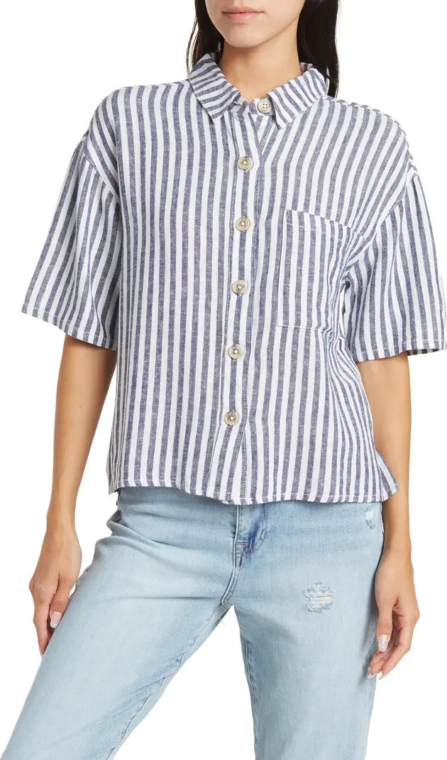 Sanctuary Camp Stripe Short Sleeve Linen Blend Shirt | Nordstromrack | Nordstrom Rack